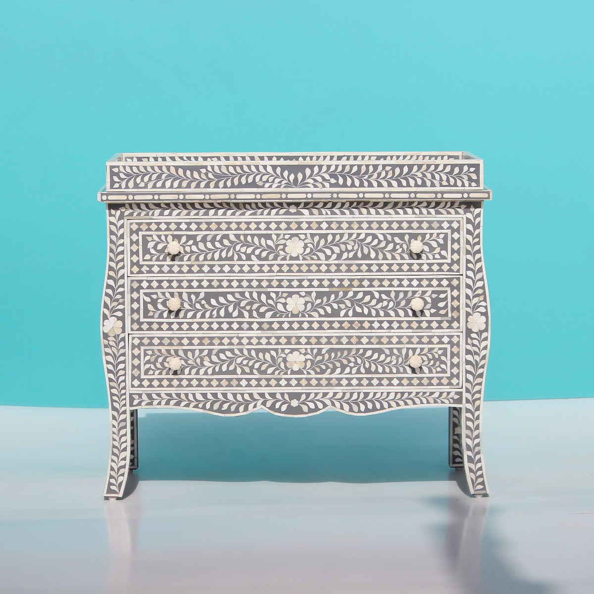 French Bombay Style Arabesque Bone Inlay Changing Table – Grey