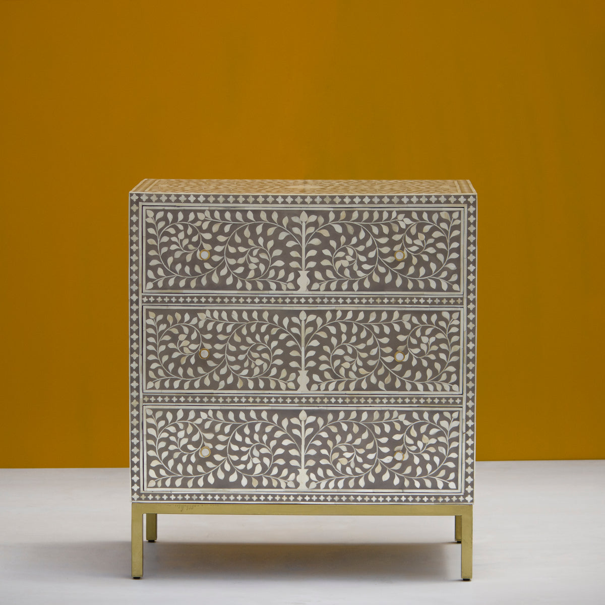 Arabesque Bone Inlay Three-Drawer Chest - Grey