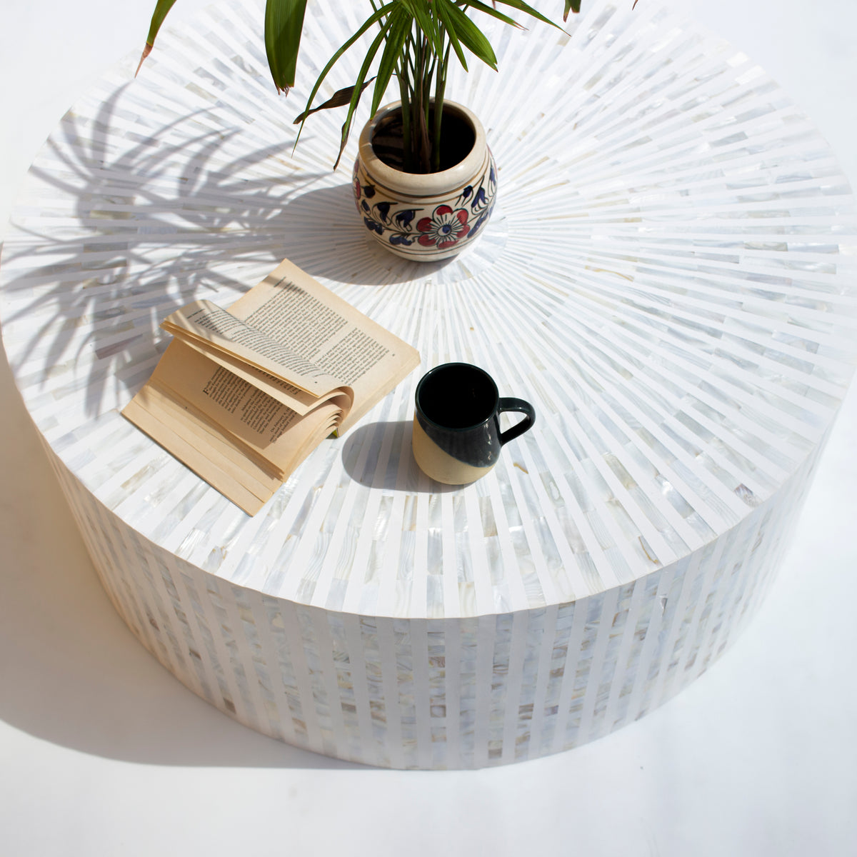 Riga Sunburst Mother of Pearl Inlay Round Coffee Table - White