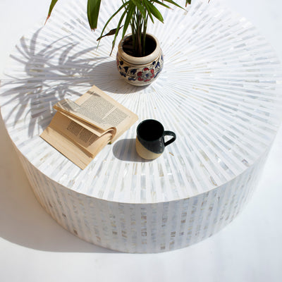 Riga Sunburst Mother of Pearl Inlay Round Coffee Table - White