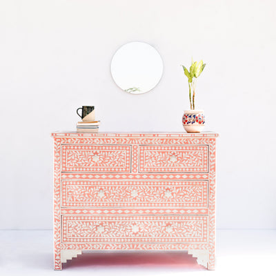 Arabesque Bone Inlay Four-Drawer Chest – Coral Pink