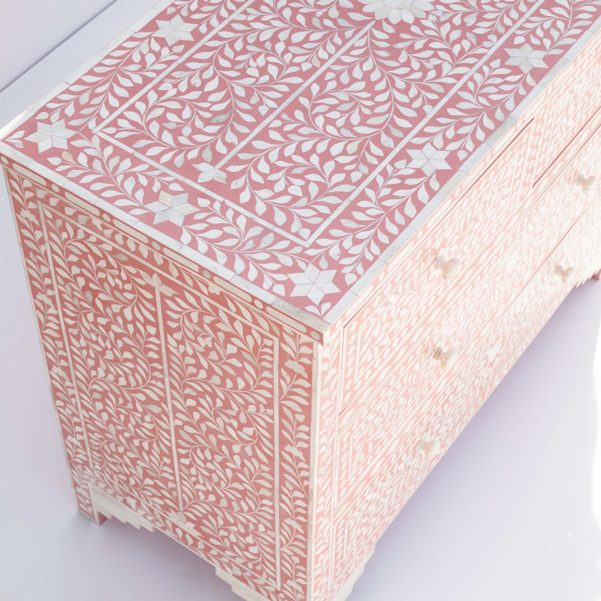 Arabesque Bone Inlay Four-Drawer Chest – Coral Pink