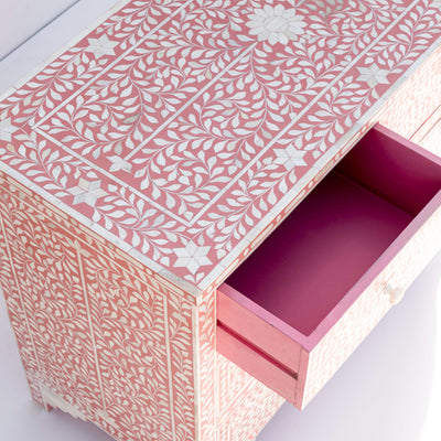 Arabesque Bone Inlay Four-Drawer Chest – Coral Pink