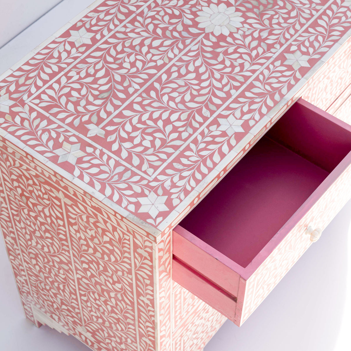 Arabesque Bone Inlay Four-Drawer Chest – Coral Pink