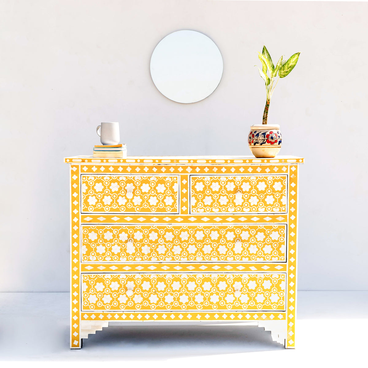 Honeycomb Inlay Four-Drawer Chest - Yellow