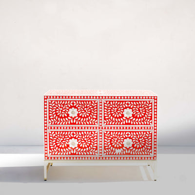 Arabesque Mother of Pearl Inlay Four-Drawer Chest – Red