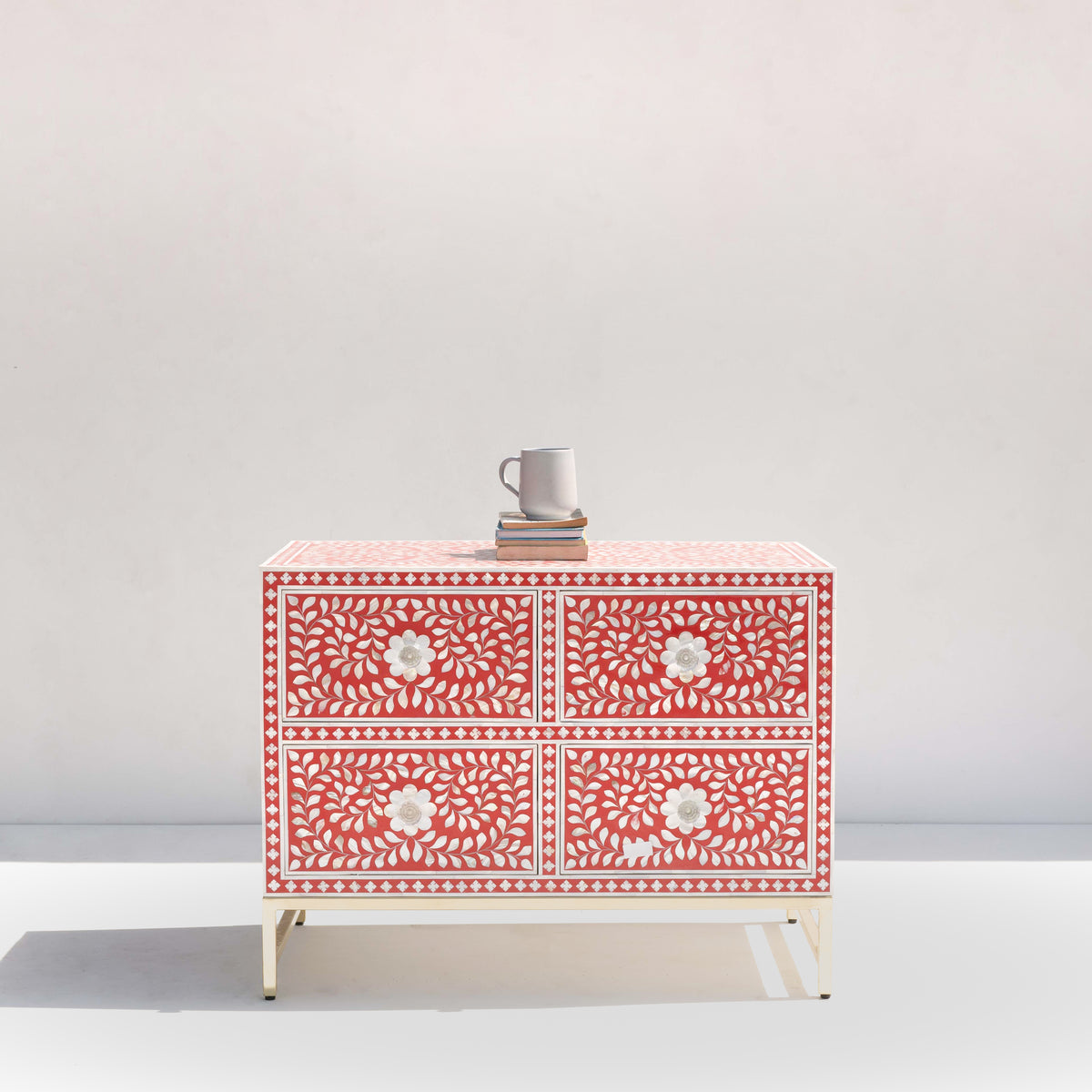 Arabesque Mother of Pearl Inlay Four-Drawer Chest – Red