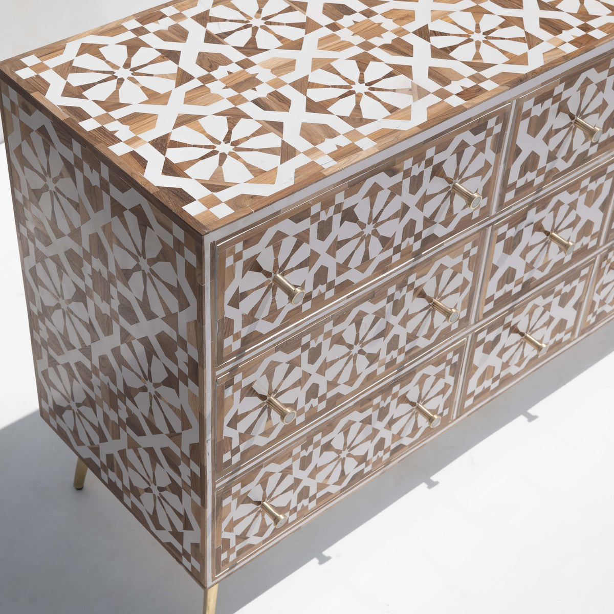 Moroccan Inlay Nine Drawer Dresser - Teak