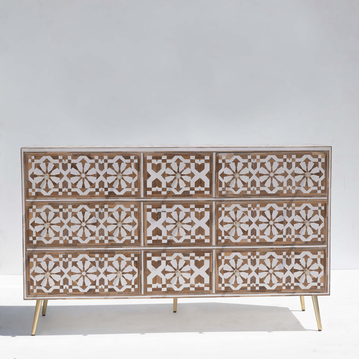 Moroccan Inlay Nine Drawer Dresser - Teak