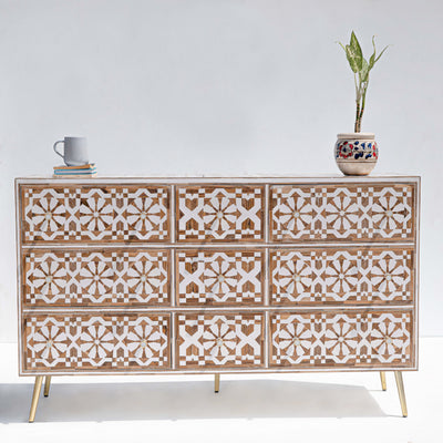 Moroccan Inlay Nine Drawer Dresser - Teak