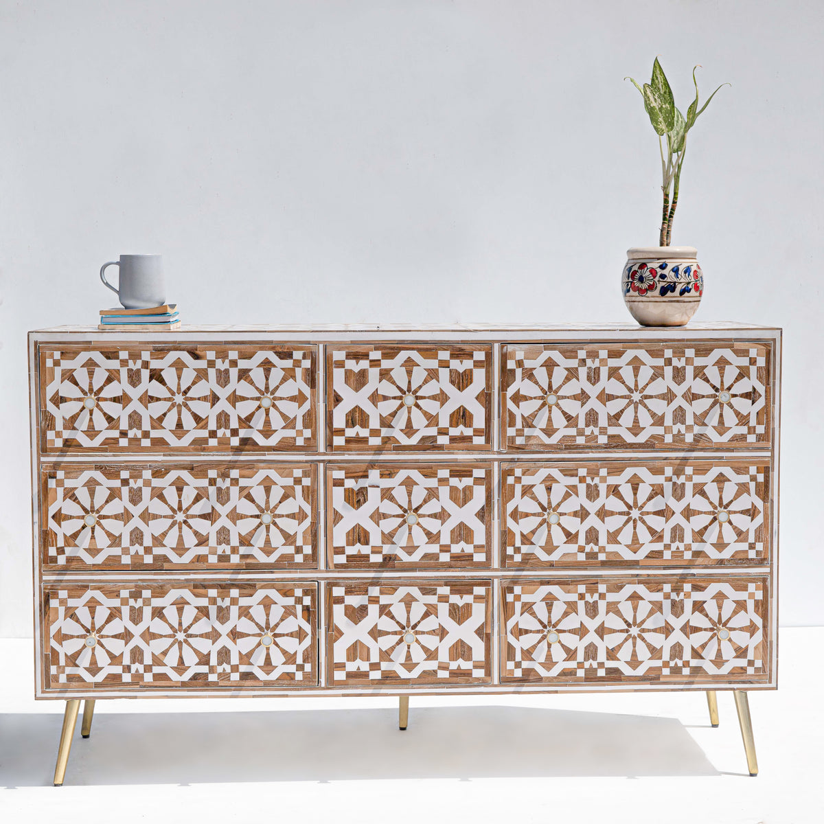 Moroccan Inlay Nine Drawer Dresser - Teak
