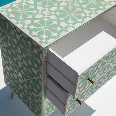 Moroccan Inlay Mint Green Six Drawer Dresser