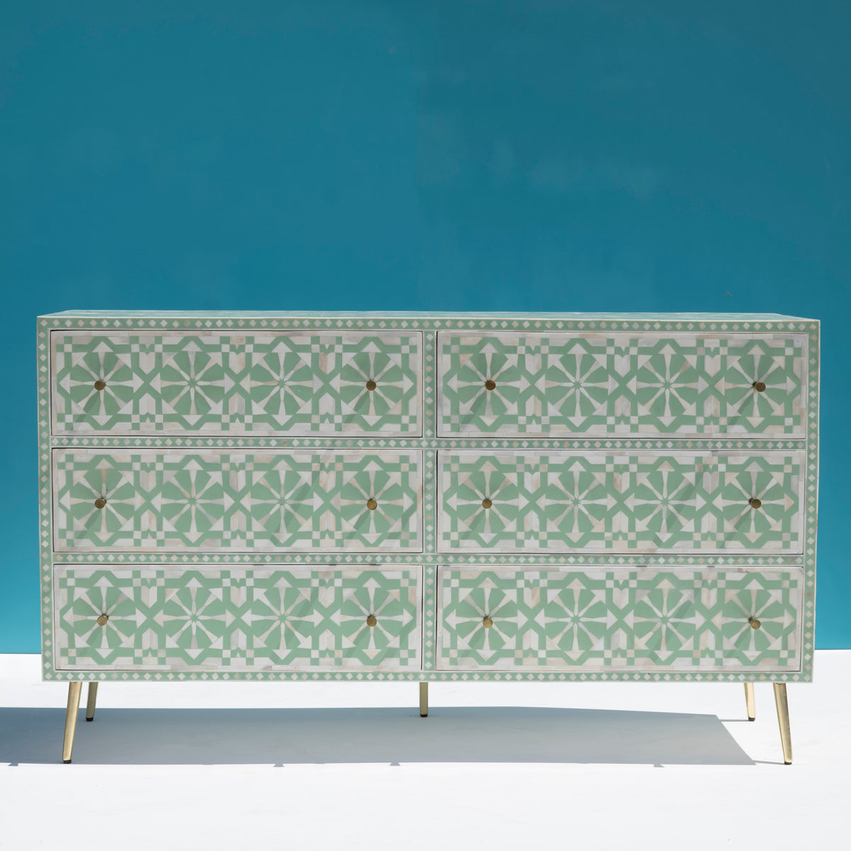 Moroccan Inlay Mint Green Six Drawer Dresser