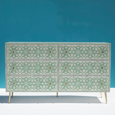 Moroccan Inlay Mint Green Six Drawer Dresser