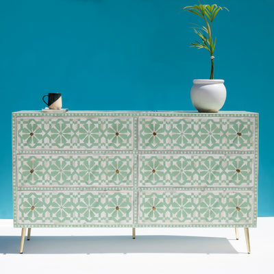 Moroccan Inlay Mint Green Six Drawer Dresser