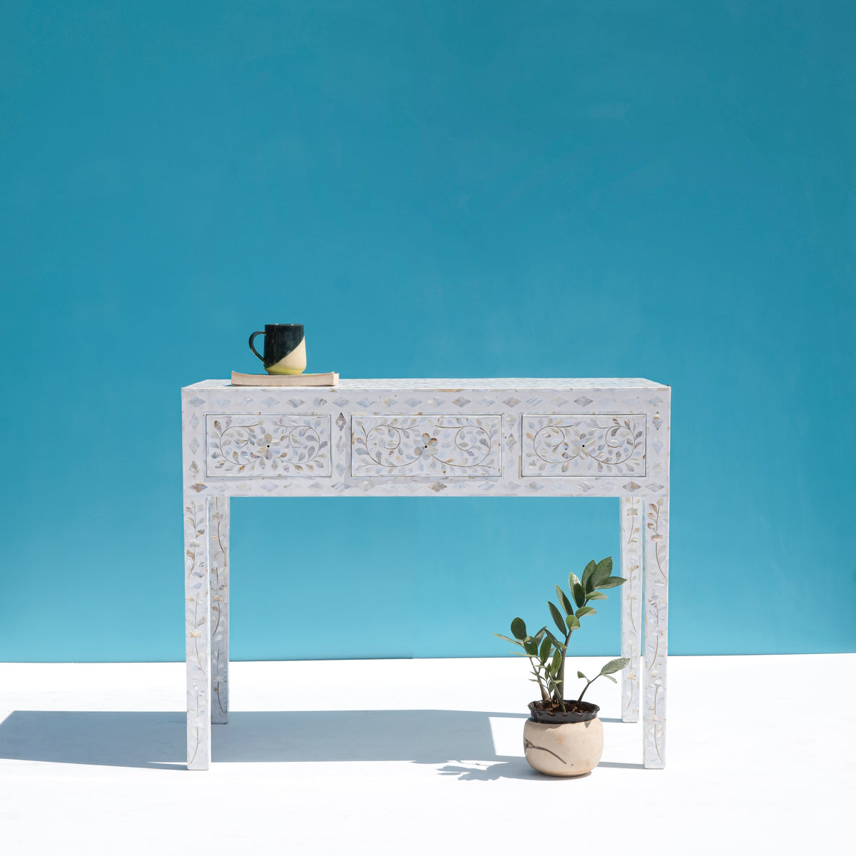 Arabesque Mother of Pearl Inlay Console Table - White