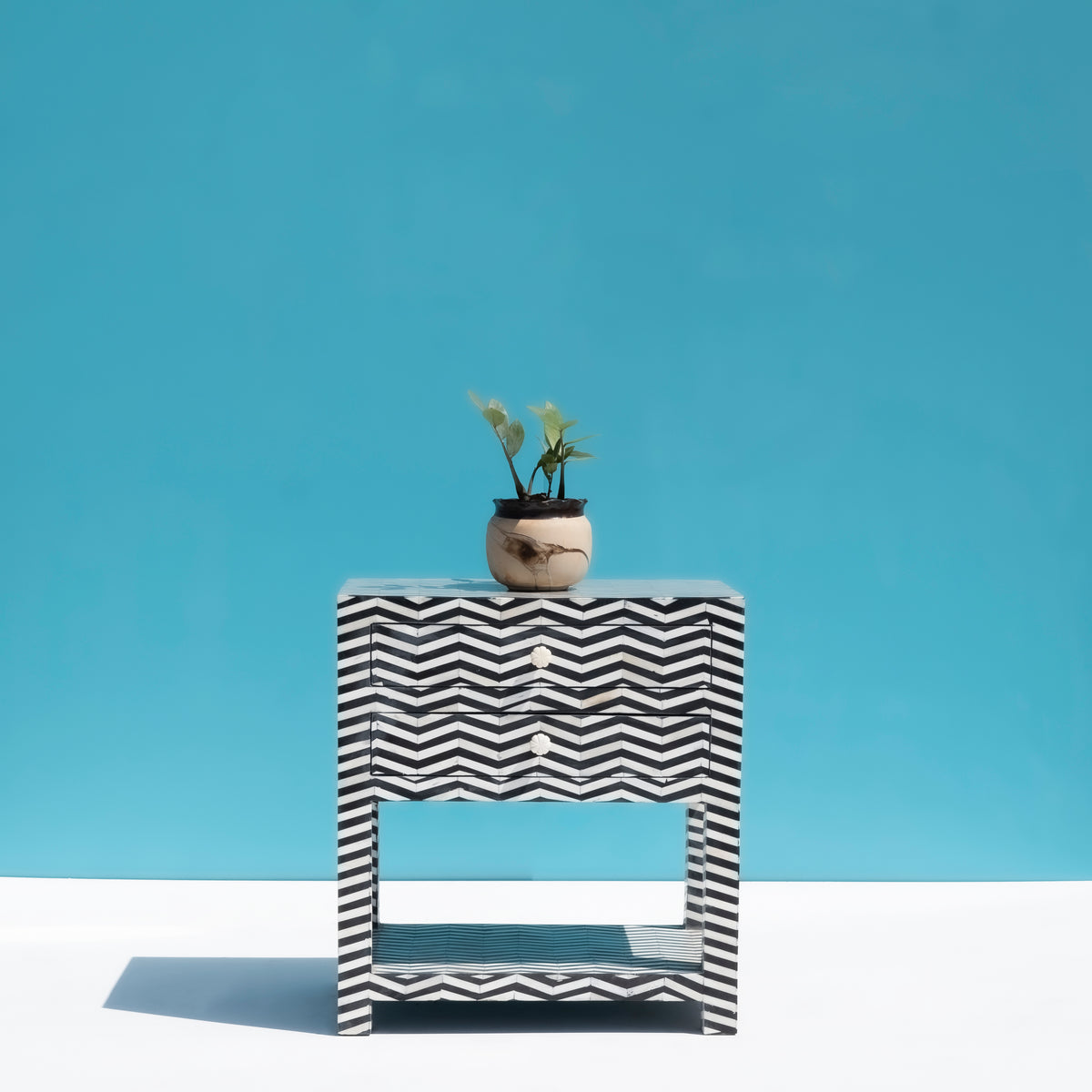 Veyra Inlay Two-Drawer Nightstand - Black & White