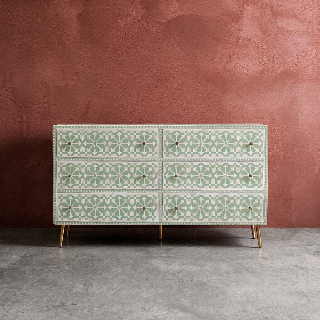 Moroccan Inlay Mint Green Six Drawer Dresser