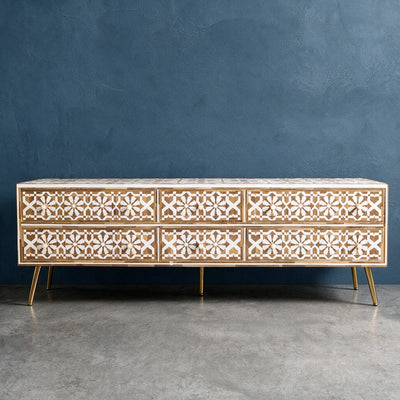 Moroccan Teak Wood Inlay Six Drawer Media Console