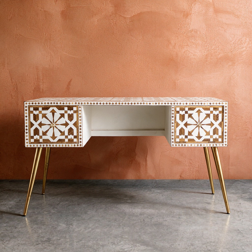Moroccan Teak Wood Inlay Writing Desk