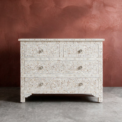 Arabesque Mother of Pearl Inlay Four Drawer Chest - White