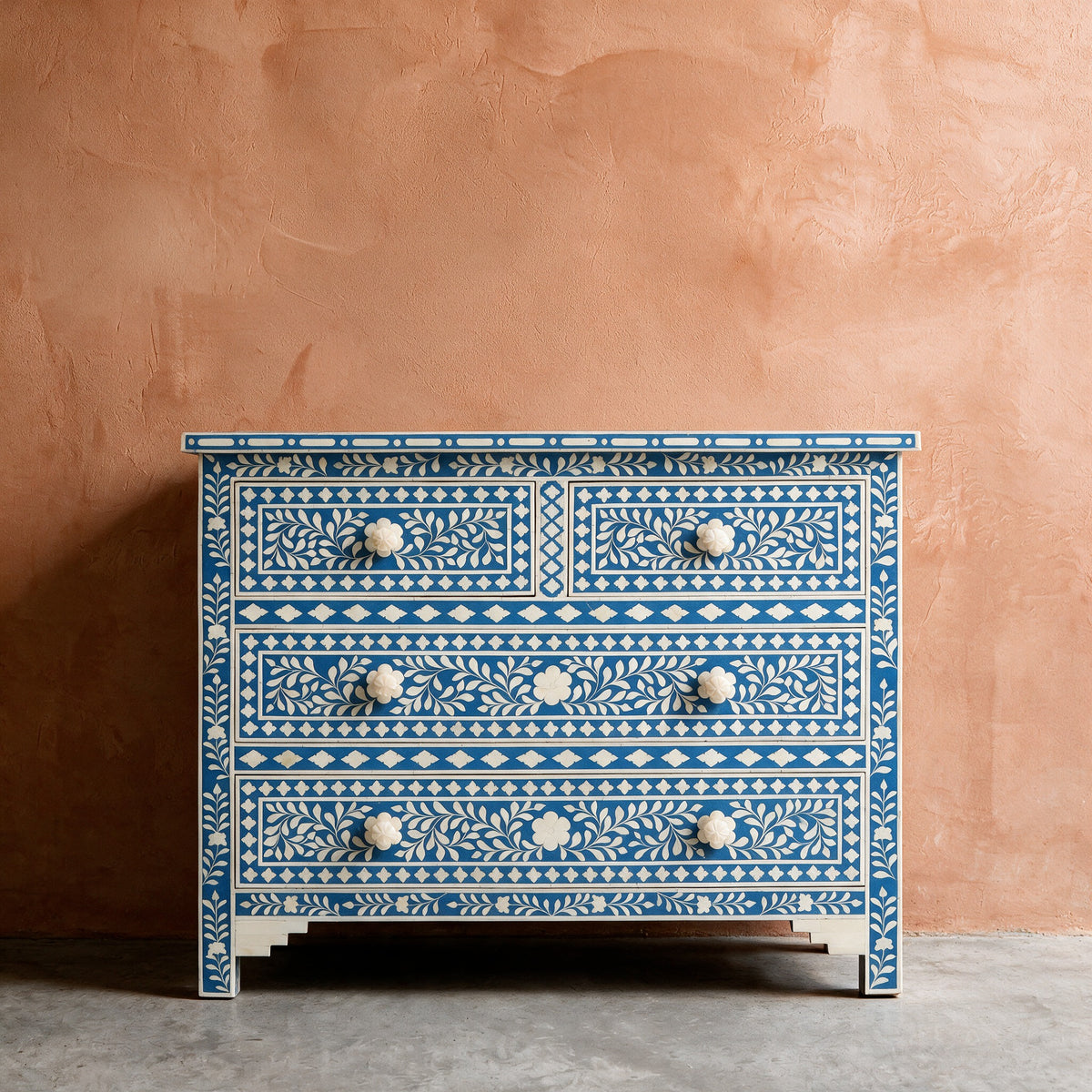 Arabesque Bone Inlay Four-Drawer Chest – Blue
