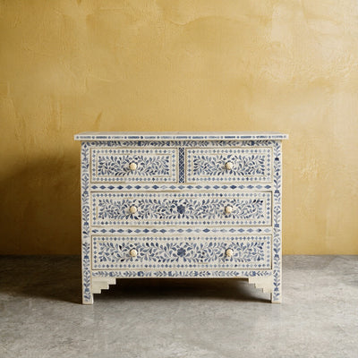 Arabesque Blue Dyed Bone Inlay Four Drawer Chest – White