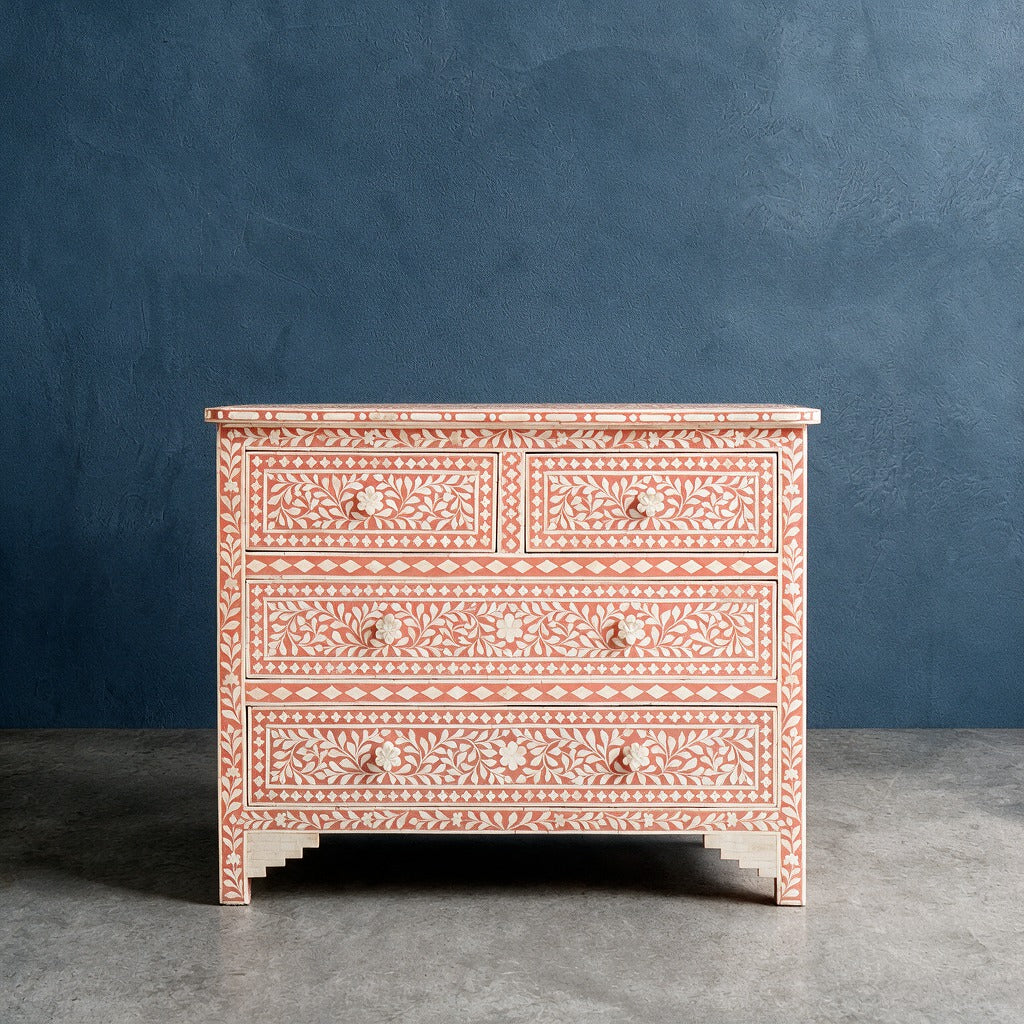 Arabesque Bone Inlay Four-Drawer Chest – Coral Pink