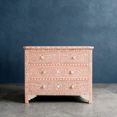 Arabesque Bone Inlay Four-Drawer Chest – Coral Pink