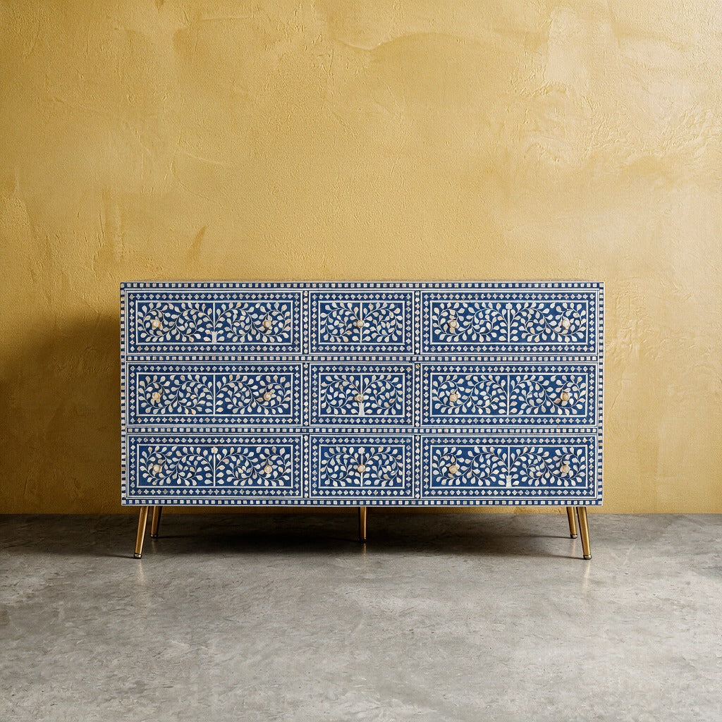 Arabesque Mother of Pearl Inlay Nine-Drawer Dresser – Blue