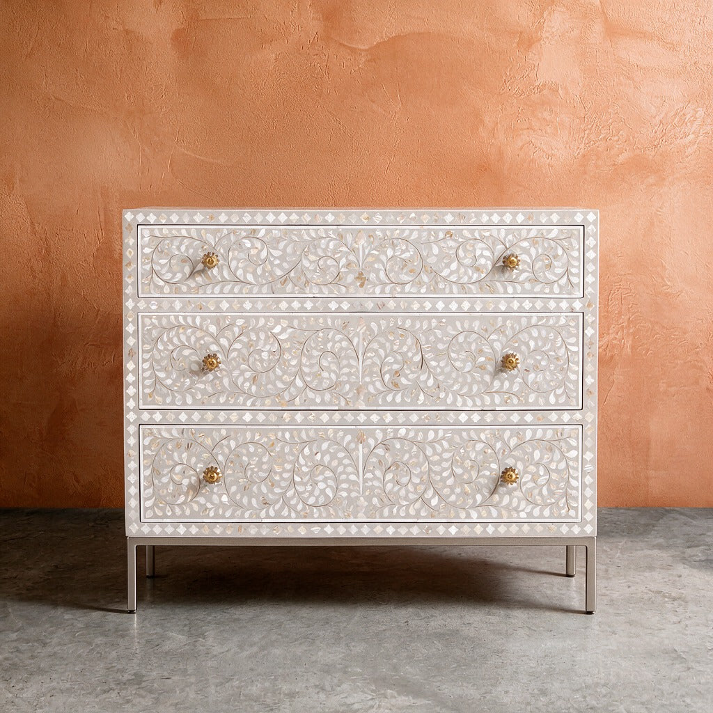 Arabesque Mother of Pearl Inlay Three-Drawer Dresser - Grey