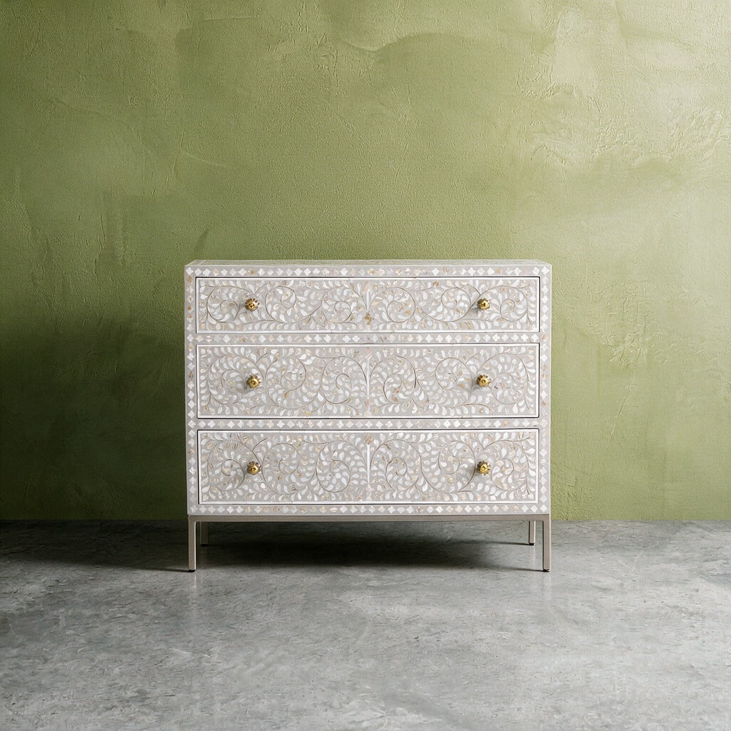 Arabesque Mother of Pearl Inlay Three-Drawer Dresser - Grey