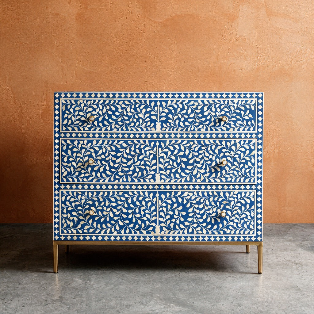 Arabesque Bone Inlay Three-Drawer Dresser - Blue