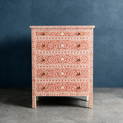 Arabesque Bone Inlay Five-Drawer Tallboy - Coral
