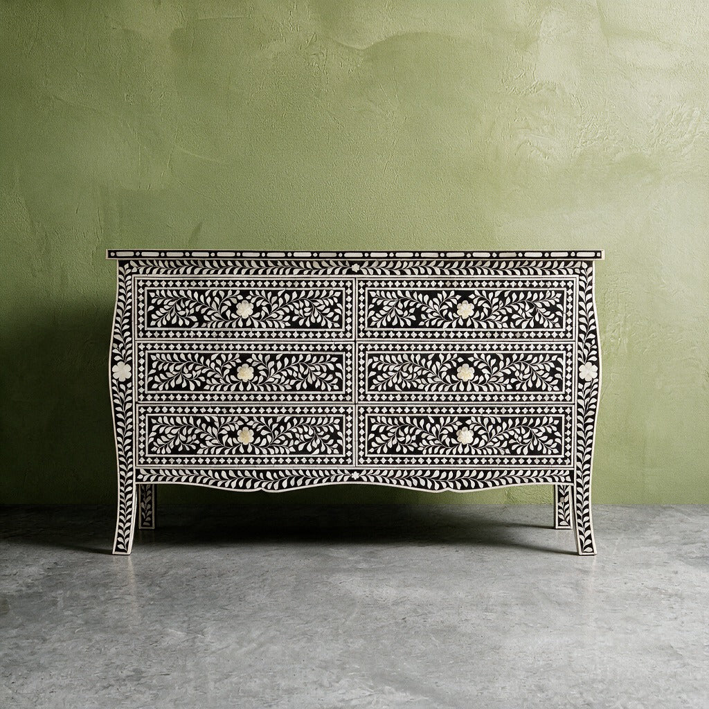 French-Inspired Arabesque Inlay Six-Drawer Chest – Black