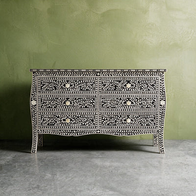French-Inspired Arabesque Inlay Six-Drawer Chest – Black
