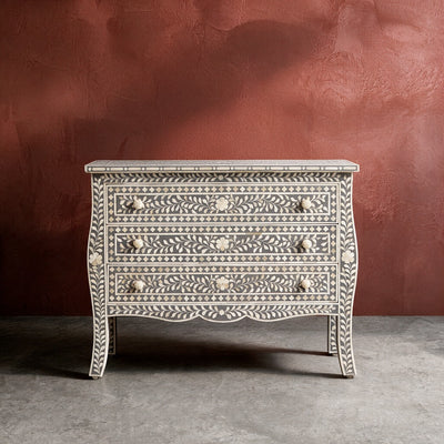French Bombay Style Arabesque Bone Inlay Three-Drawer Chest – Grey