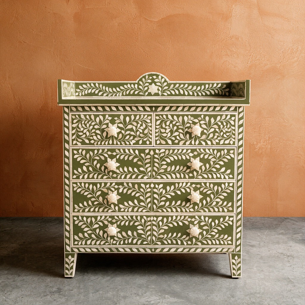 Arabesque Floral Bone Inlay Four-Drawer Chest – Olive Green