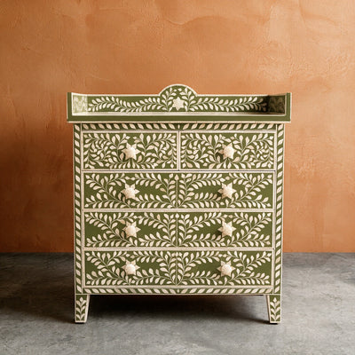 Arabesque Floral Bone Inlay Four-Drawer Chest – Olive Green