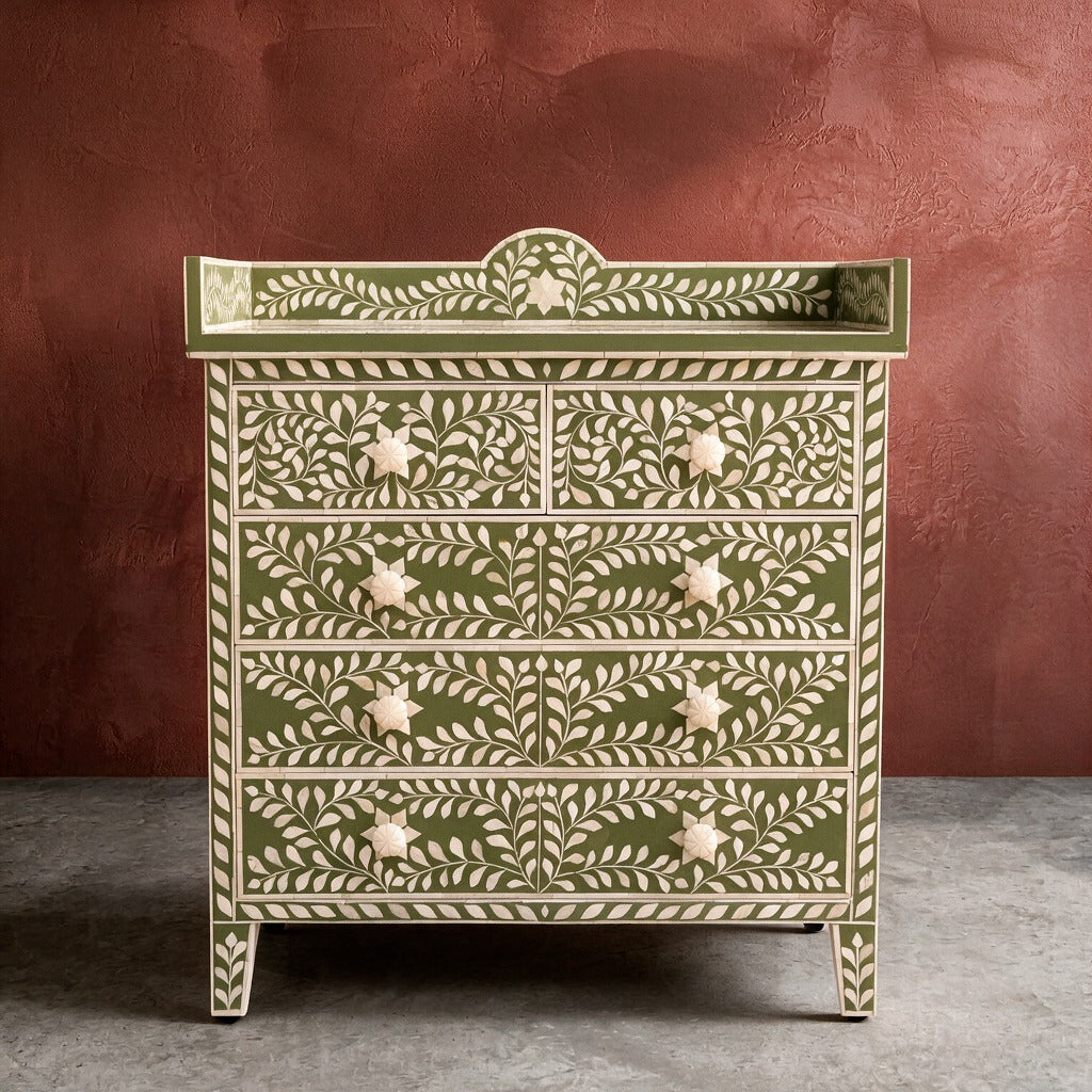 Arabesque Floral Bone Inlay Four-Drawer Chest – Olive Green