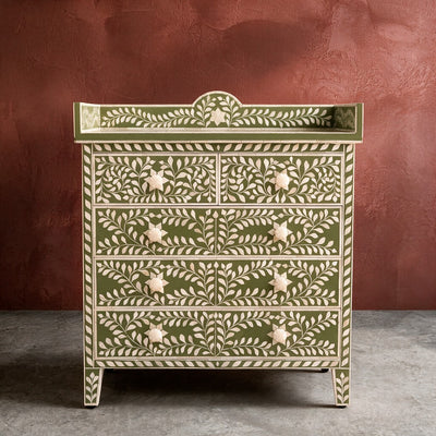 Arabesque Floral Bone Inlay Four-Drawer Chest – Olive Green