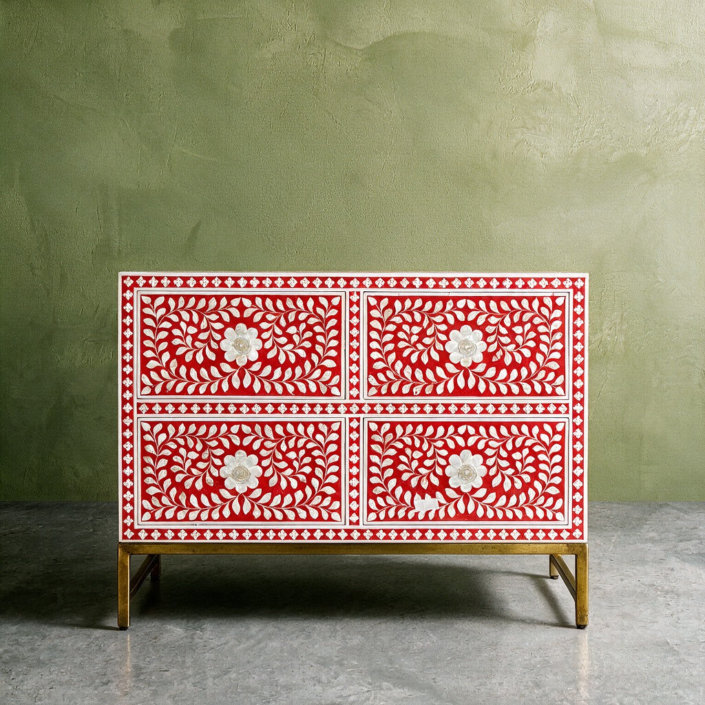 Arabesque Mother of Pearl Inlay Four-Drawer Chest – Red