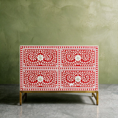 Arabesque Mother of Pearl Inlay Four-Drawer Chest – Red