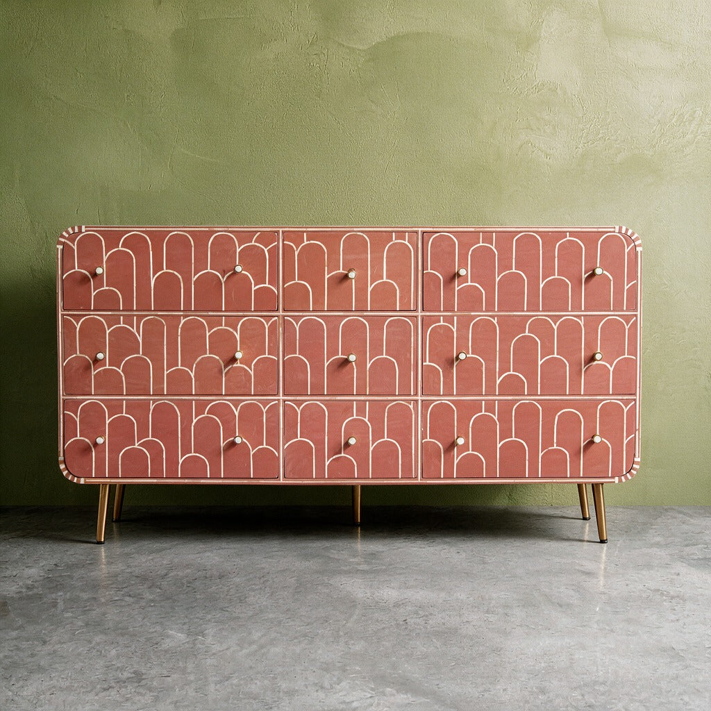 Eli Bone Inlay Nine-Drawer Dresser - Coral