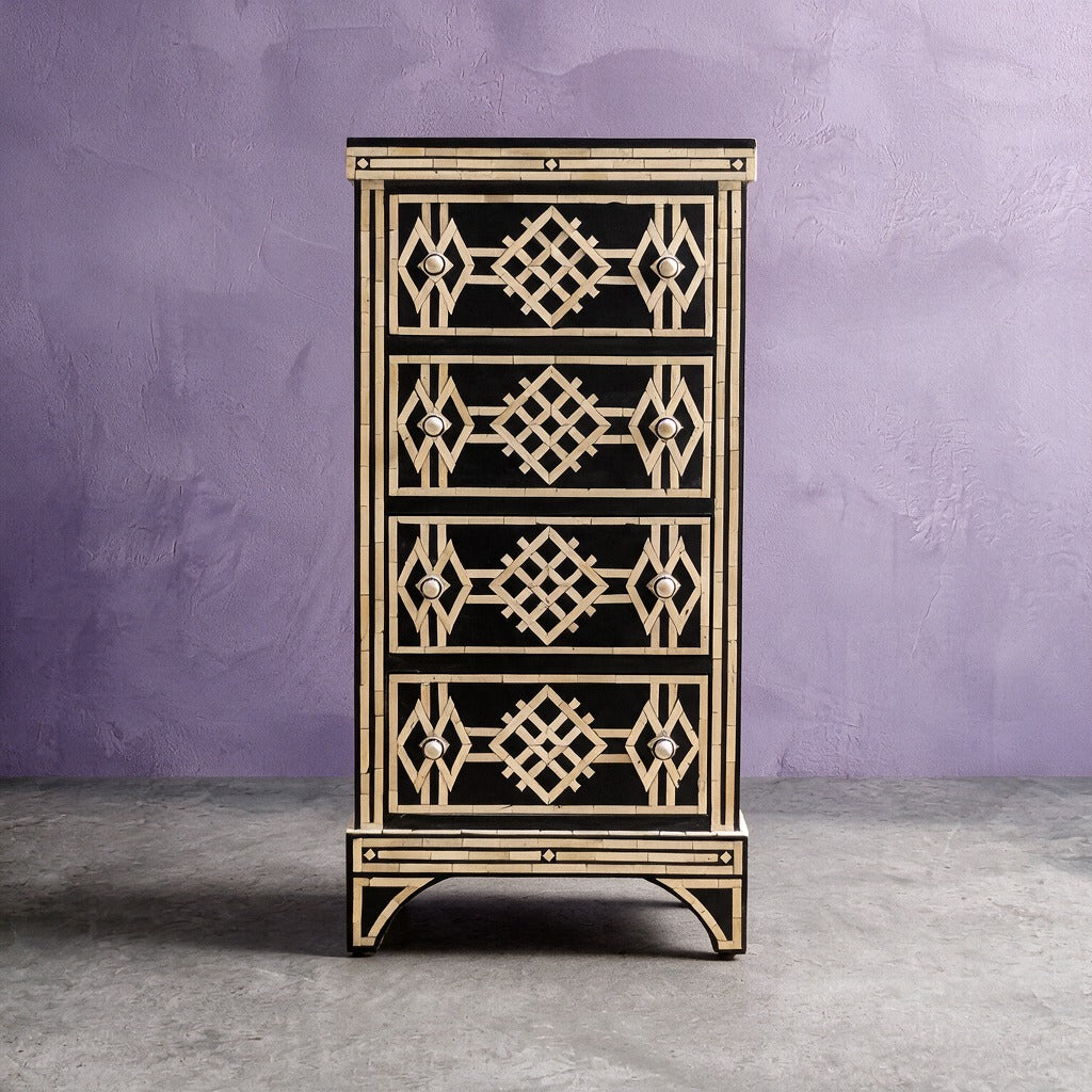 Azmara Inlay Four-Drawer Tallboy – Black