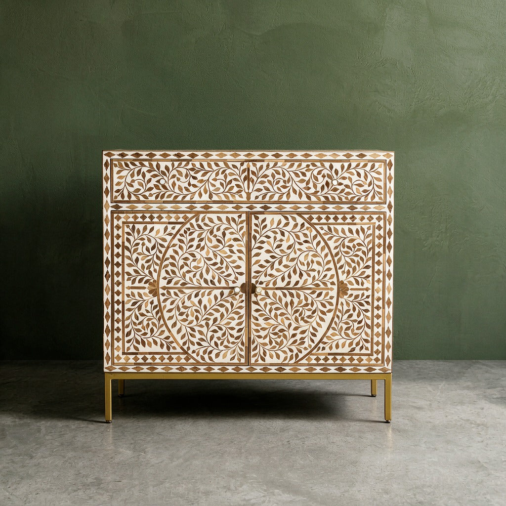 Arabesque Teak Wood Inlay Two-Door Accent Cabinet