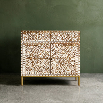 Arabesque Teak Wood Inlay Two-Door Accent Cabinet